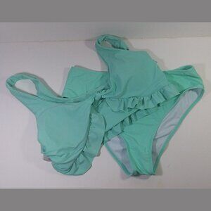 Shein Bikini Large Two Piece Blue Front Bow Ruffle Swimwear Top Bottom